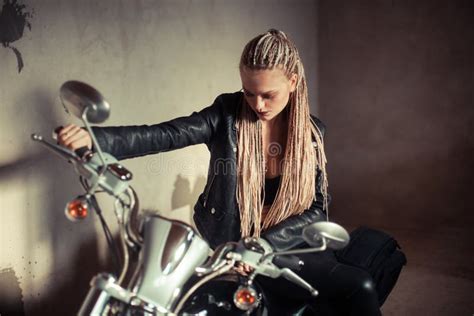 Girl Biker Posing On A Motorcycle Stock Photo Image Of Fashion Lady