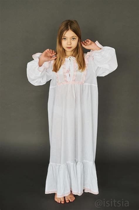 Soft Victorian Custom Nightgown For Girls 4 11 Year Old White 100 Cotton With Pink Lace
