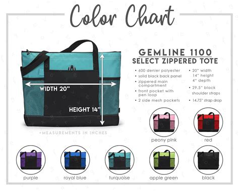 Digital Download Gemline 1100 Select Zippered Tote Color Chart 7 Colors