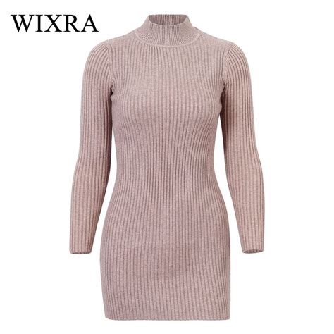 wixra basic dress women autumn winter sweater knitted dresses slim elastic turtleneck long