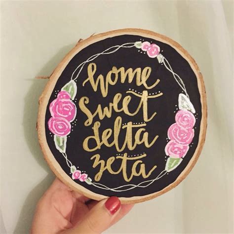 Home Sweet Delta Zeta Sorority Greek Painted Wood Chip Basswood Round