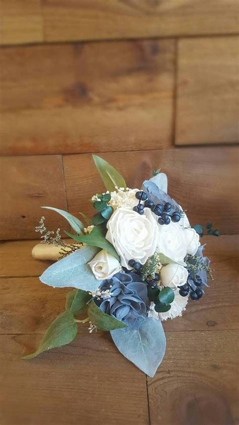 Custom Bridal Bouquet Navy Sage Dusty Slate Steel Blue Sola Etsy