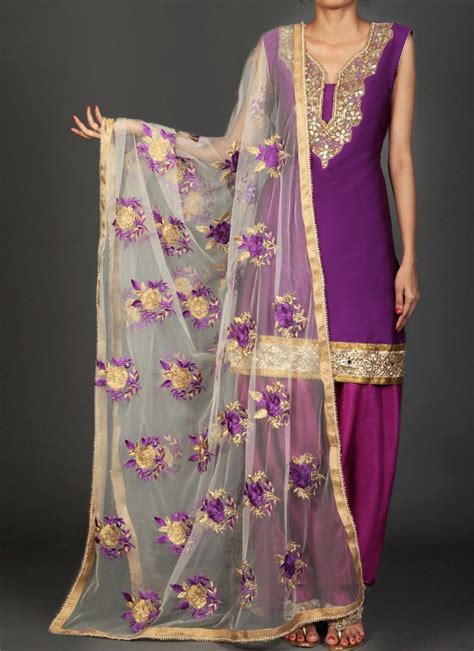 Deep Purple Floral Embroidered Punjabi Suit Features A Dhupioni Silk Kameez With A Santoon
