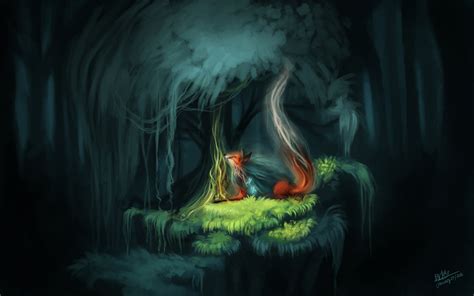 Desktop Wallpaper Red Fox Relaxed Tree Forest Dark Art Hd Image