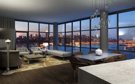 Luxurious Interior With Amazing View On New York By Night Beautiful Living Room Wide Image