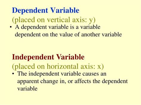 Just like an independent variable, a dependent variable is exactly what it sounds like. PPT - Dependent Variable (placed on vertical axis: y ...