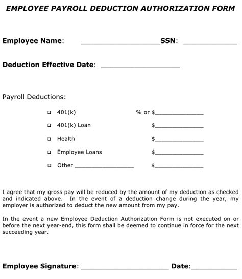 Free Employee Payroll Deduction Authorization Form Doc 26kb 1 Pages