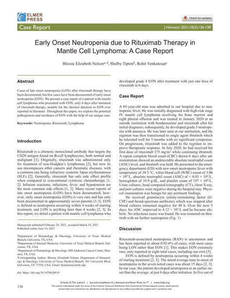 Pdf Early Onset Neutropenia Due To Rituximab Therapy In Mantle Cell