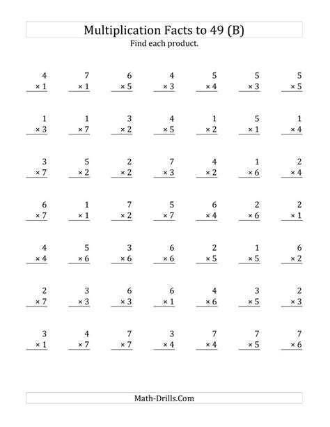 Multiplication Facts to 49 No Zeros (B)