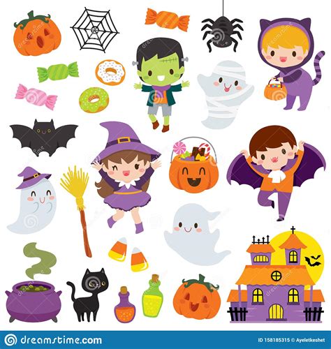 Kawaii Cute Halloween Clipart Set Stock Vector - Illustration of