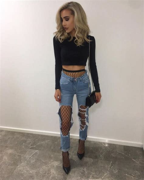 Girl Fashion And Black Image Ripped Jeans With Fishnets Stockings