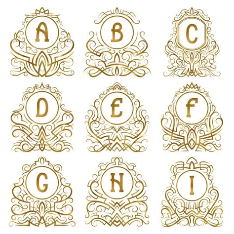 Golden Vintage Monograms Of Letters From J To R In Patterned Frames