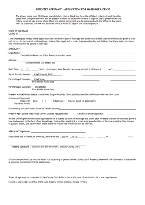 In colorado, a notary can make a certificate of a notary journal entry, sign and stamp the document, certifying that the certificate is a true and correct record of the journal entry. Form M-3 - Absentee Affidavit - Application For Marriage ...