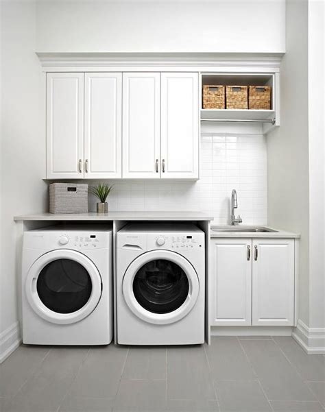 White Modern Laundry Room With Gray Staggered Floor Tiles Modern