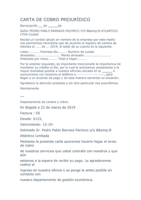 Carta DE Cobro Prejurídico CARTA DE COBRO PREJURÍDICO Barranquilla