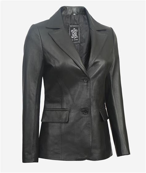 premium womens black two button leather blazer