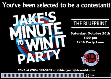 Create an invitation informing guests that they have been selected as one of the next games: Invites! | Minute to win it, Birthday party invitations, Party invitations