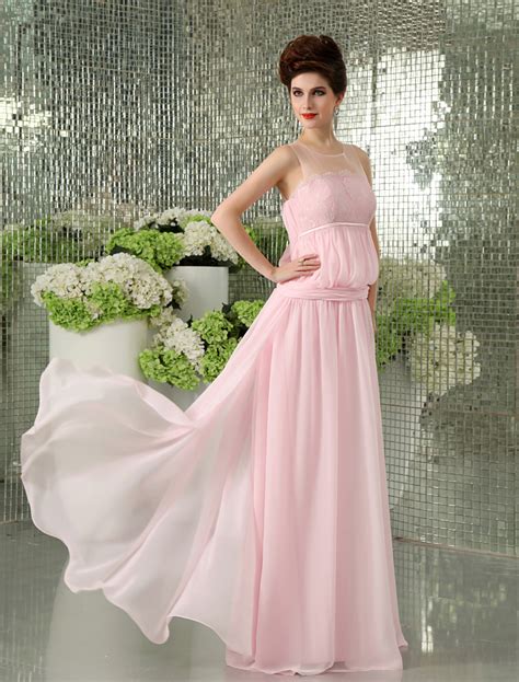 Slimming Pink Chiffon Lace Jewel Neck Sexy Evening Dress Milanoo