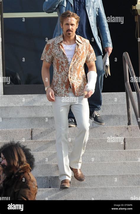 Actor Ryan Gosling Spotted On The Set Of The Nice Guys Wearing 70s Clothing With Co Star