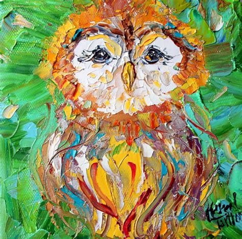 Original Owl Painting Palette Knife Impressionism Oil On