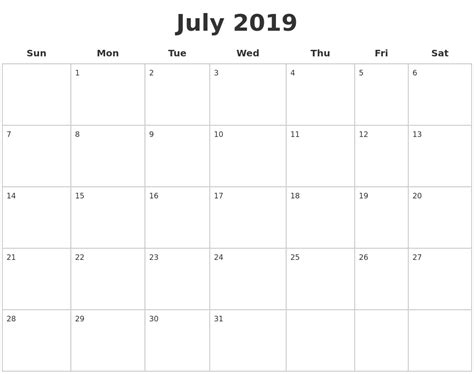 July 2019 Blank Calendar Pages