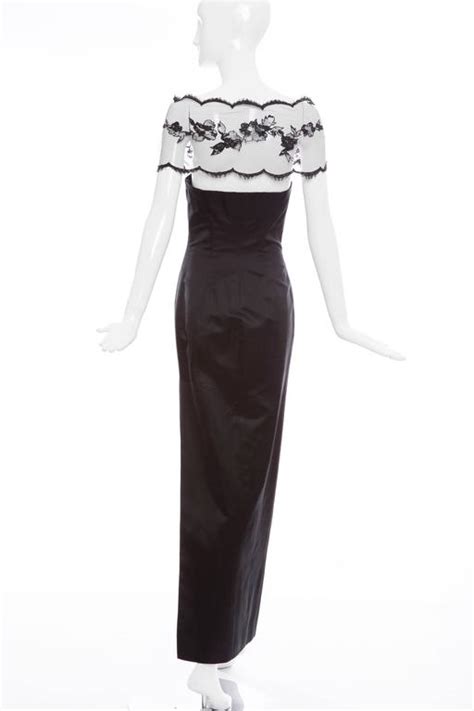 Richard Tyler Couture Black Satin Lace Evening Dress Circa 1990s For