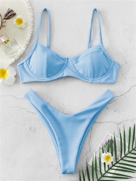 [77 Off] 2021 Zaful High Cut Ribbed Underwire Bikini Swimsuit In Light Blue Zaful
