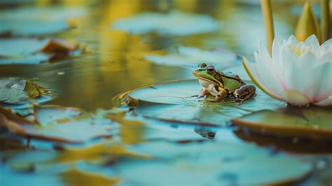 Frog On Lily Pad Pond Wildlife Amphibians In Nature Water Lilies And