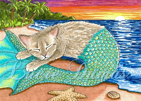 Mermaid Cat Beaching It Mermaid Cat Animal Drawings Mermaid Art