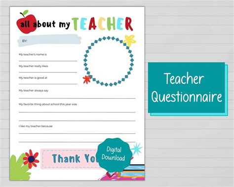 Printable Teacher Appreciation Questionnaire Instant Digital Etsy Canada