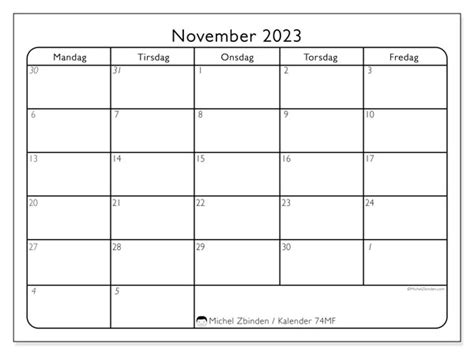 Kalender November 2023 Til Print “danmark” Michel Zbinden Da