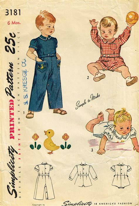 1950s Vintage Simplicity Sewing Pattern 3181 Baby Boys Romper Or Cover
