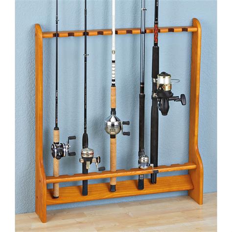 Organized Fishing Wooden Ceiling Horizontal Rod Rack 9 Capacity