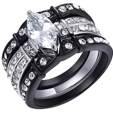 Black Wedding Ring Set Stainless Steel Marquise Cubic Zirconia For