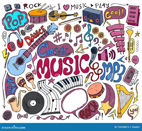 Set Of Music Doodle Vector Creative Colour Art Hand Draw Illustration