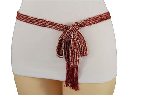 women red beads fabric sash tie fashion belt hip waist long fringes scarf s m l