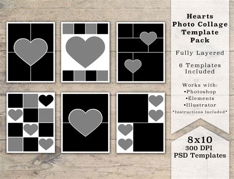 85x11 Photo Template Pack Heart Templates Photo Collage Etsy