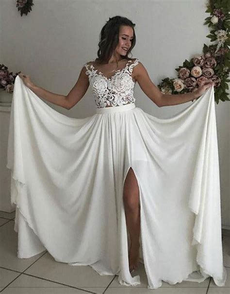 Formal Long Ivory Lace Chiffon Side Slit Cap Sleeve Cheap Beach Wedding