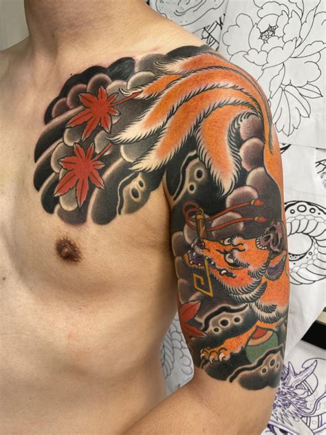 Kitsune Half Sleeve Onto Chest By Dean Sacred Sacred Tattoo