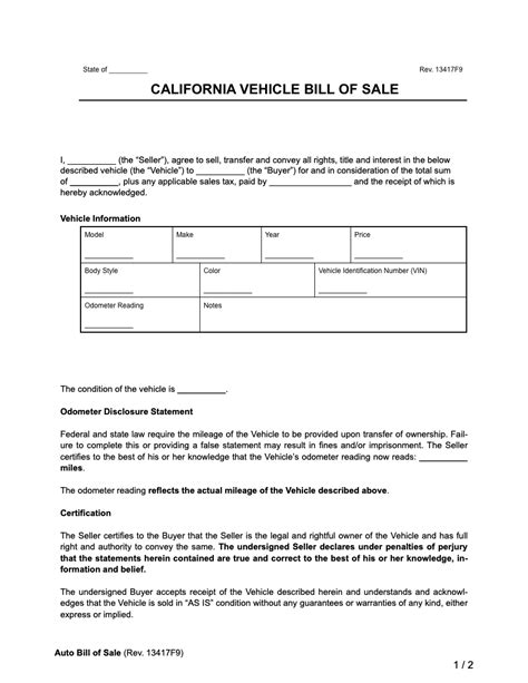 California Vehicle Bill Of Sale Form Pdf And Word Motor Vehicle Dmv