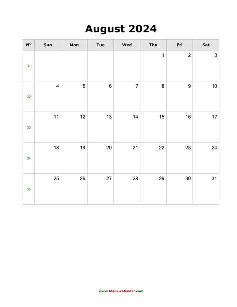 Download August 2024 Blank Calendar With Us Holidays Vertical