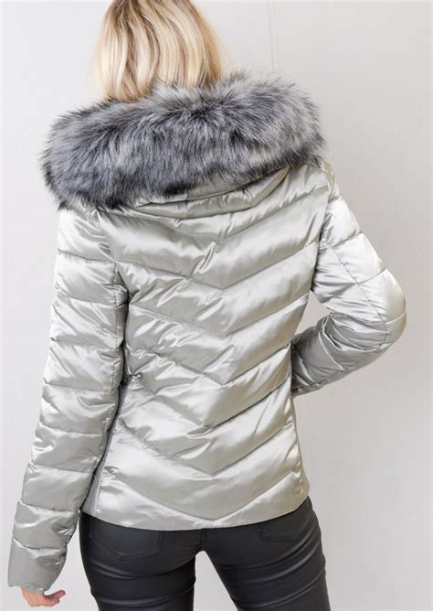 Detachable Hooded Padded Puffer Jacket Coat Silver Grey Jackets