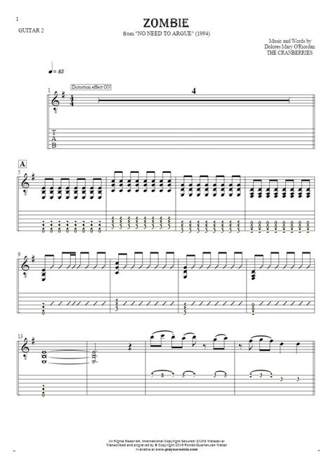 Zombie Notes And Tablature For Guitar Guitar Part Playyournotes