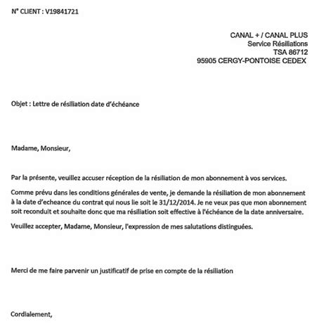 Une lettre de résiliation de contrat d'électricité se présente sous la forme suivante modele lettre de resiliation canal plus - Modele de lettre ...