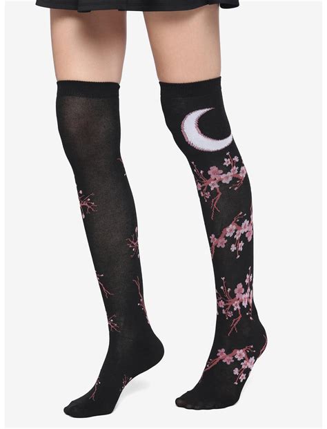 Moon Cherry Blossom Black Knee High Socks Hot Topic