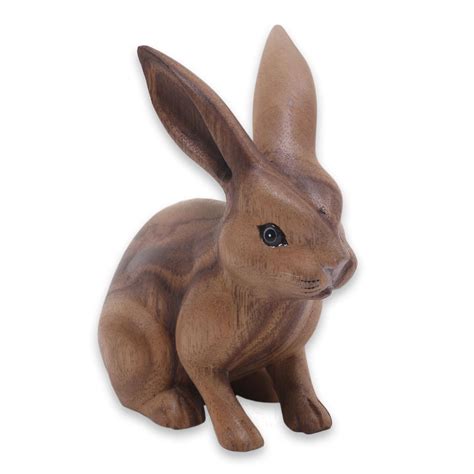 Fair Trade Hand Carved Wooden Rabbit Statuette Cute Ginger Rabbit