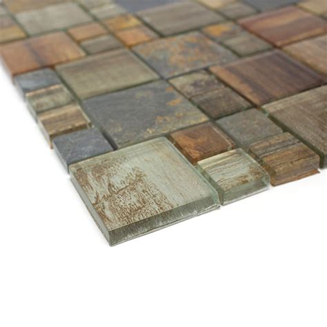 Tbssg 05 Random Square Brown Wood Look Glass And Stone Mosaic Tile