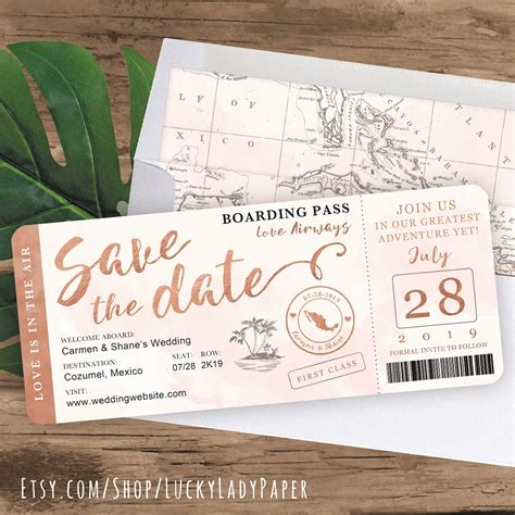 Destination Wedding Boarding Pass Save The Date Invitation In Rose Gold And Blush Watercolor By