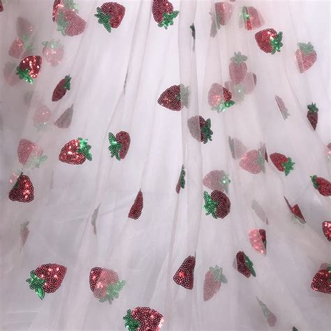 Sweet Strawberry Lace Fabric Glitter Sequin Strawberry Tulle Etsy