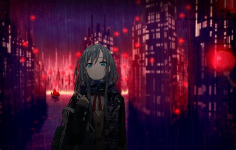 Wallpaper Girl The City Lights Rain Home Anime Scarf Art